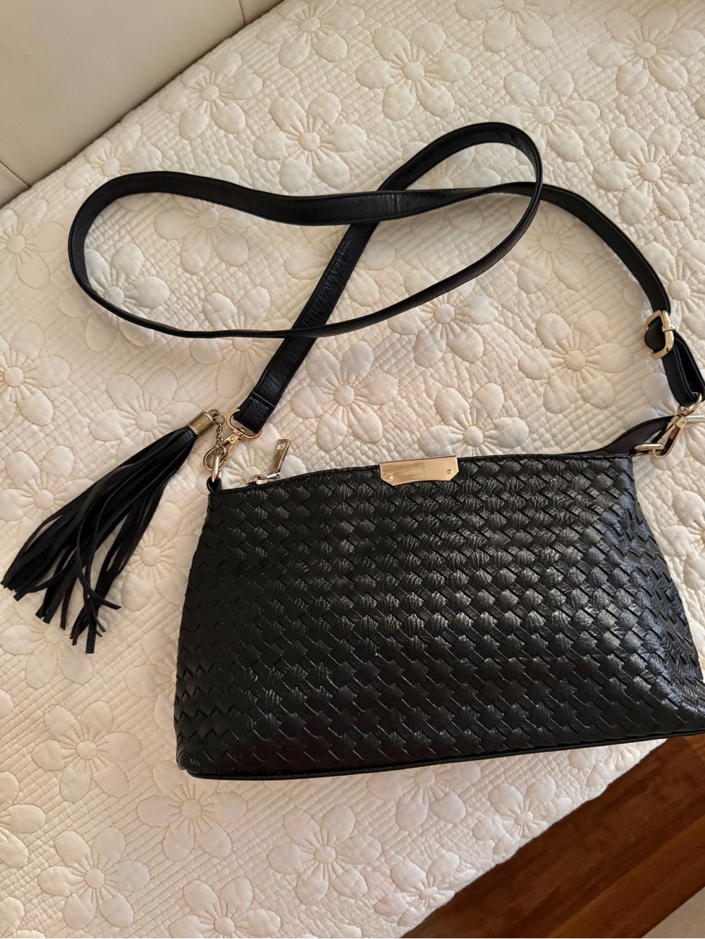 Woven Black Crossbody Bag with Tassel